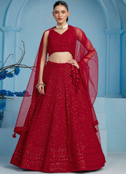 Fantastic Wedding Wear Red Georgette Thread Embroidery Lehenga Choli