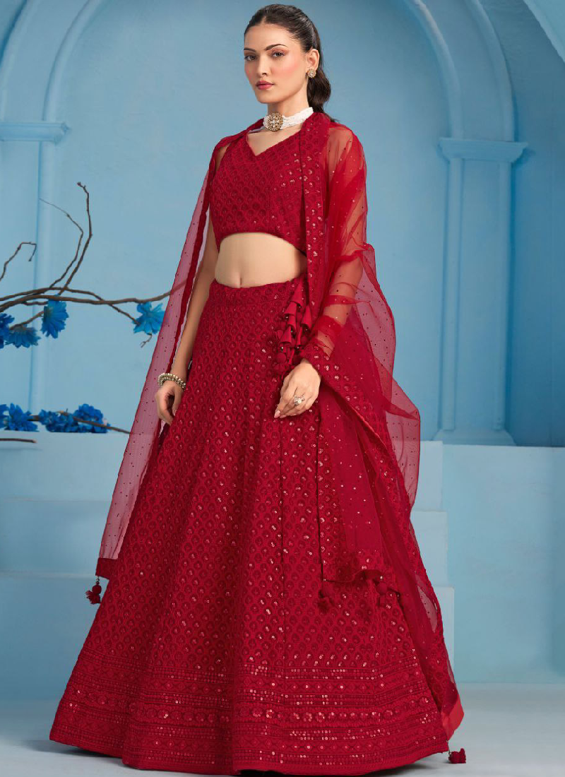 Fantastic Wedding Wear Red Georgette Thread Embroidery Lehenga Choli