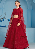 Fantastic Wedding Wear Red Georgette Thread Embroidery Lehenga Choli
