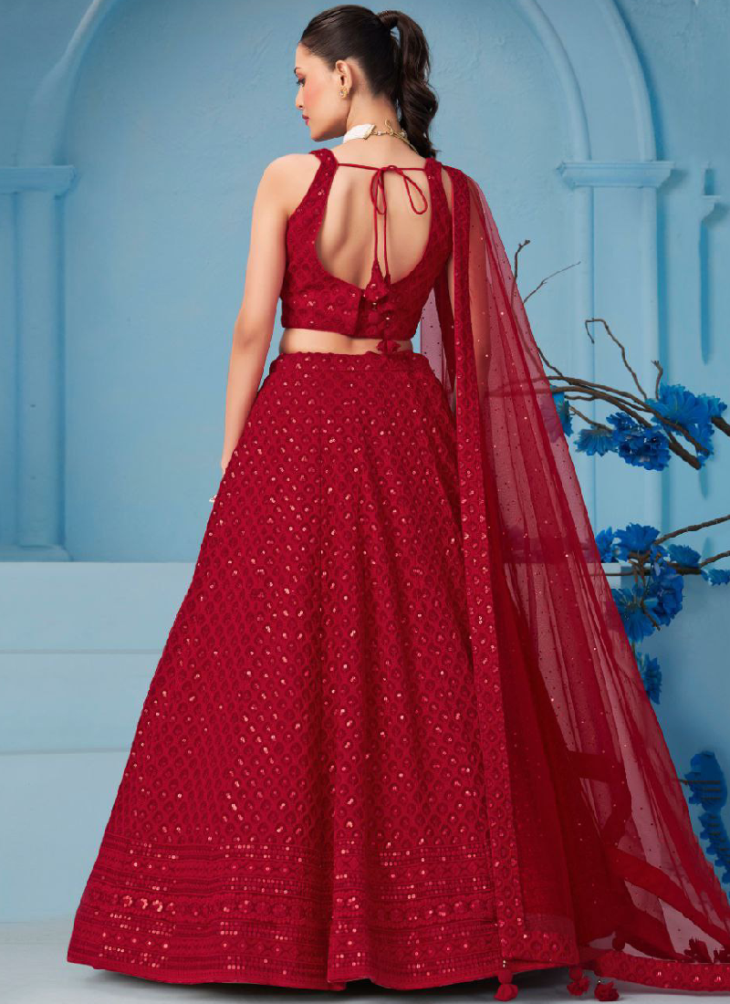 Fantastic Wedding Wear Red Georgette Thread Embroidery Lehenga Choli