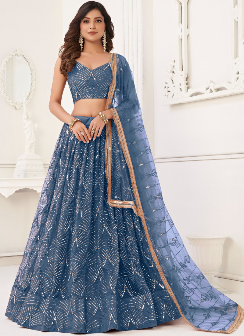 Fascinating Net Sequence Work Blue Wedding Lehenga Choli