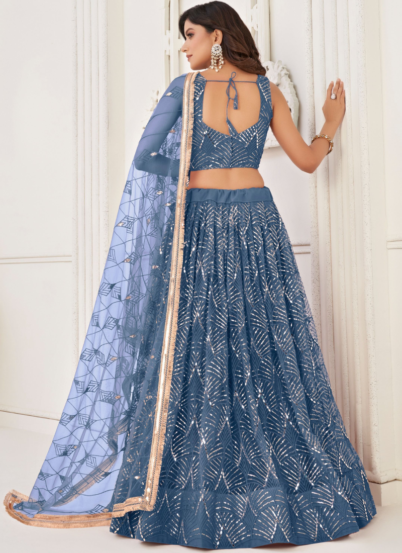 Fascinating Net Sequence Work Blue Wedding Lehenga Choli