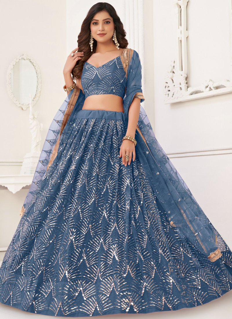 Fascinating Net Sequence Work Blue Wedding Lehenga Choli