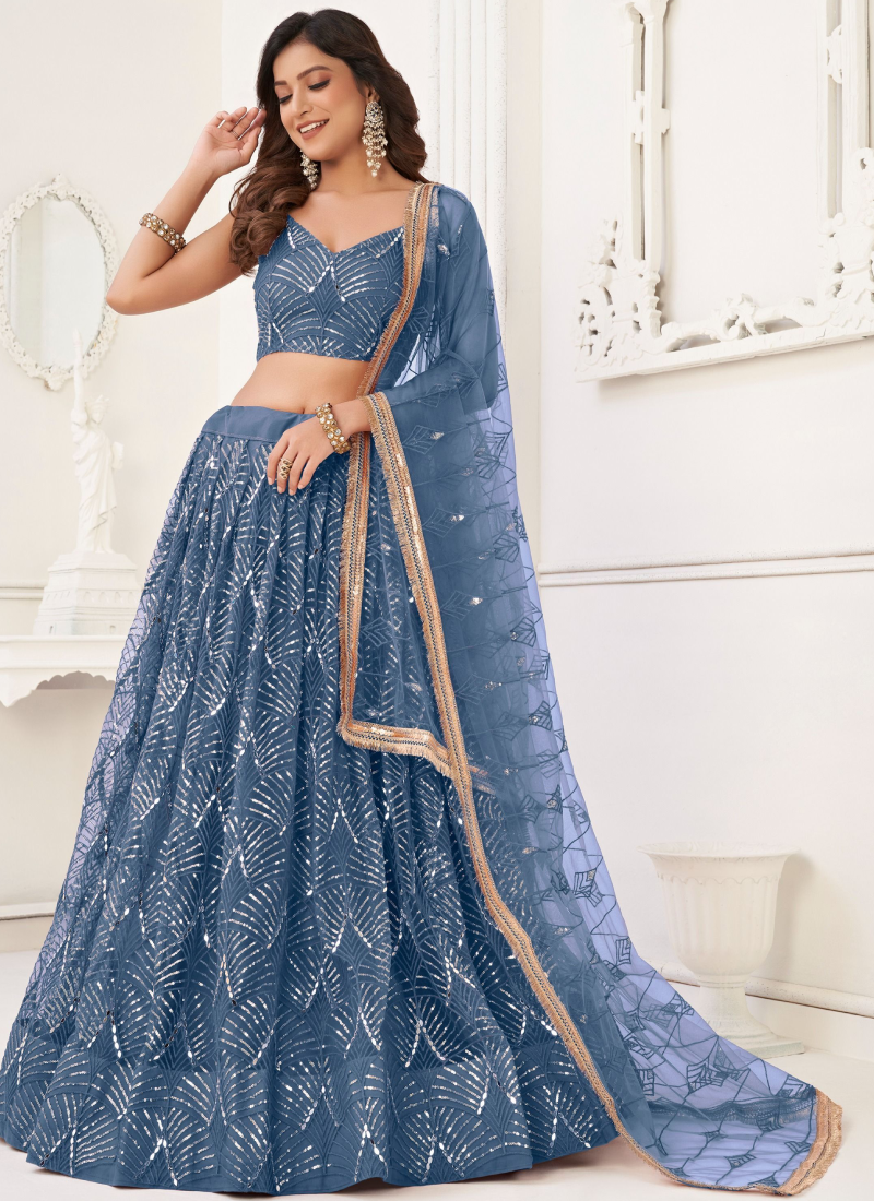 Fascinating Net Sequence Work Blue Wedding Lehenga Choli