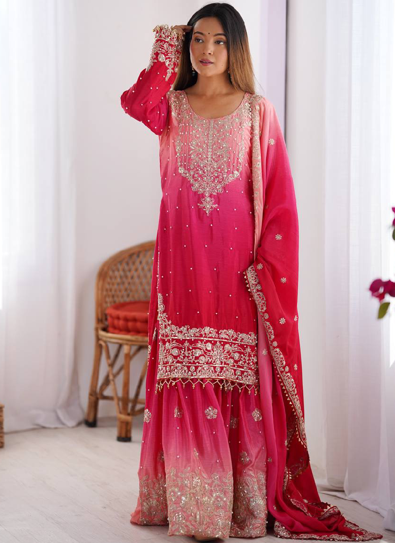 Fascinating Sequence Embroidered Pink Silk Salwar Kameez With Dupatta