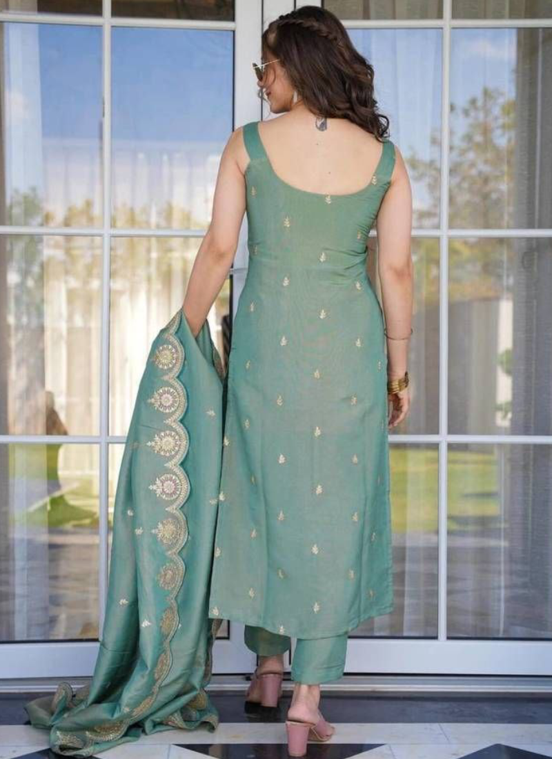 Fascinating Sequence Embroidery Viscose Pista Green Kurti With Pant
