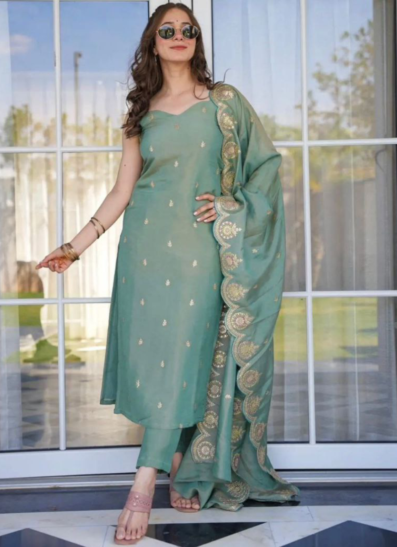 Fascinating Sequence Embroidery Viscose Pista Green Kurti With Pant