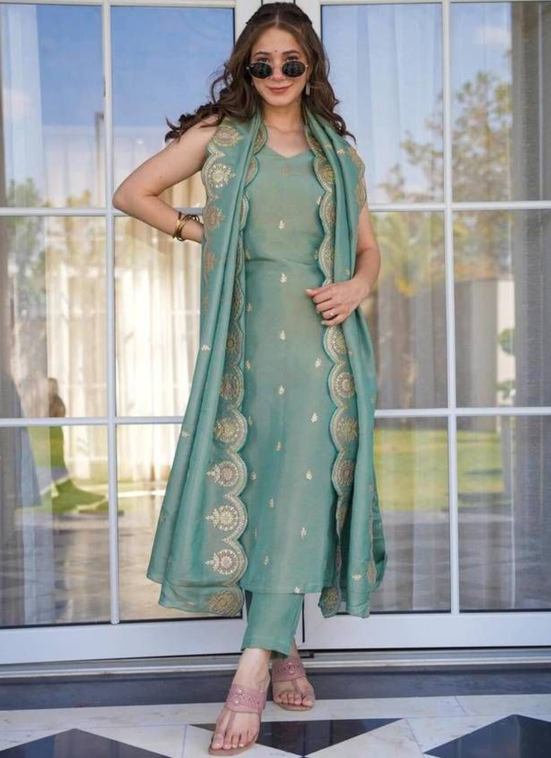Fascinating Sequence Embroidery Viscose Pista Green Kurti With Pant