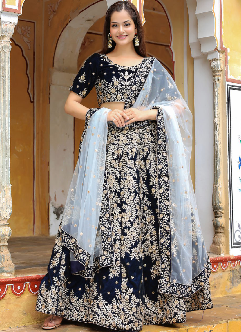 Fascinating Thread Embroidered Navy Blue Velvet Wedding Lehenga Choli