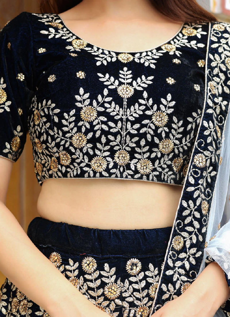 Fascinating Thread Embroidered Navy Blue Velvet Wedding Lehenga Choli