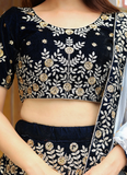 Fascinating Thread Embroidered Navy Blue Velvet Wedding Lehenga Choli