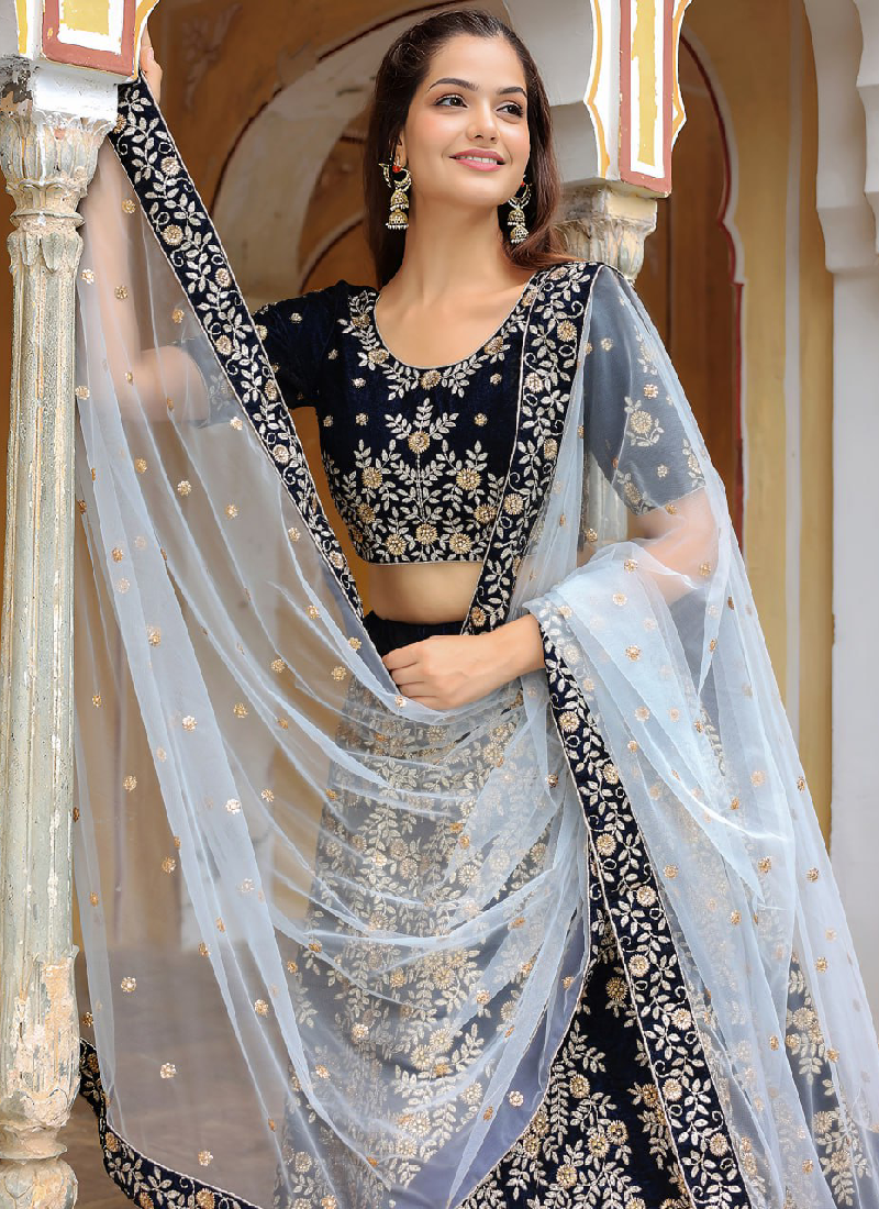 Fascinating Thread Embroidered Navy Blue Velvet Wedding Lehenga Choli