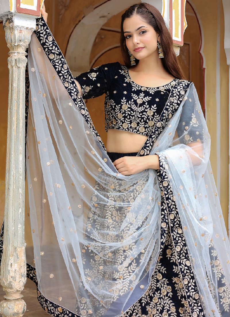 Fascinating Thread Embroidered Navy Blue Velvet Wedding Lehenga Choli