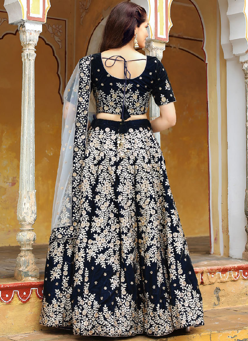 Fascinating Thread Embroidered Navy Blue Velvet Wedding Lehenga Choli