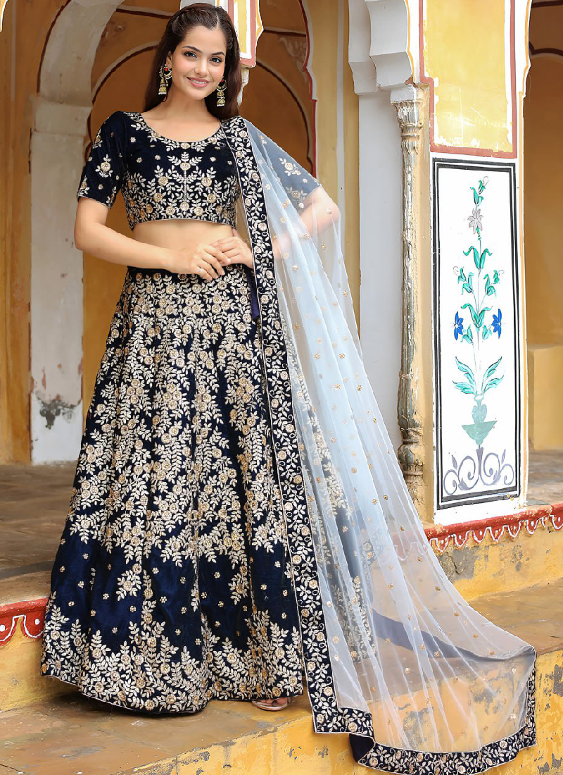 Fascinating Thread Embroidered Navy Blue Velvet Wedding Lehenga Choli