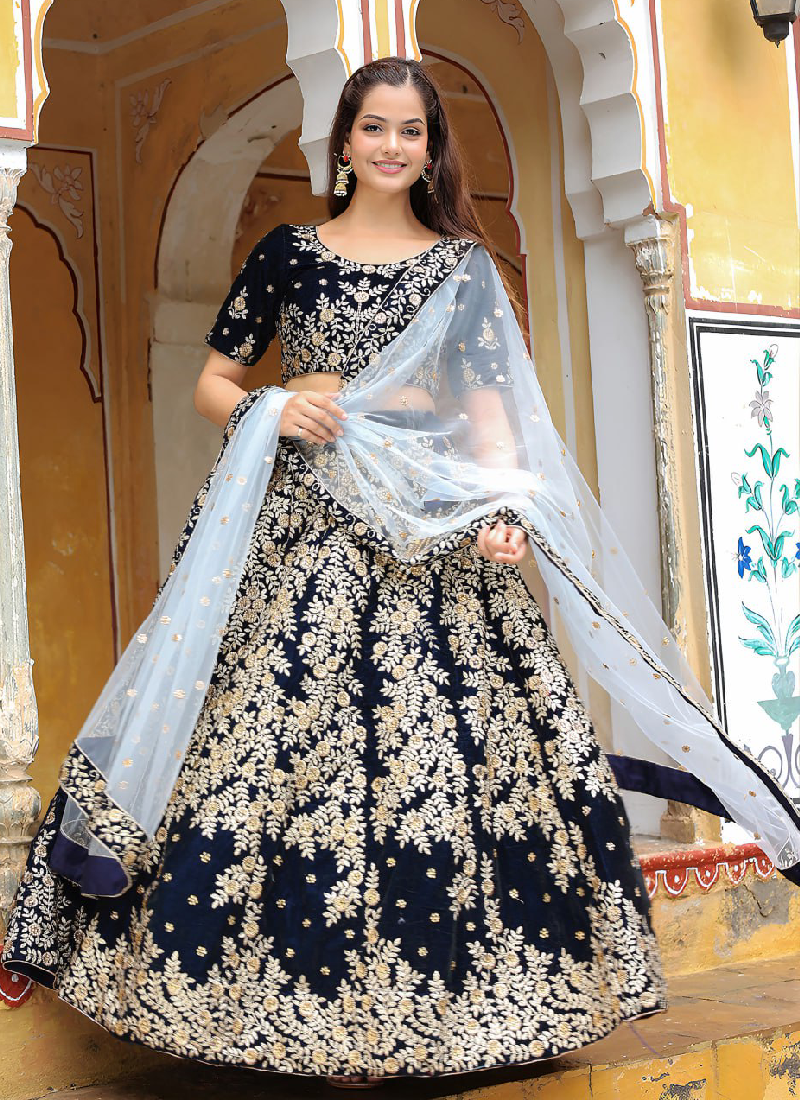 Fascinating Thread Embroidered Navy Blue Velvet Wedding Lehenga Choli