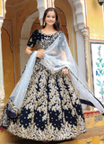 Fascinating Thread Embroidered Navy Blue Velvet Wedding Lehenga Choli
