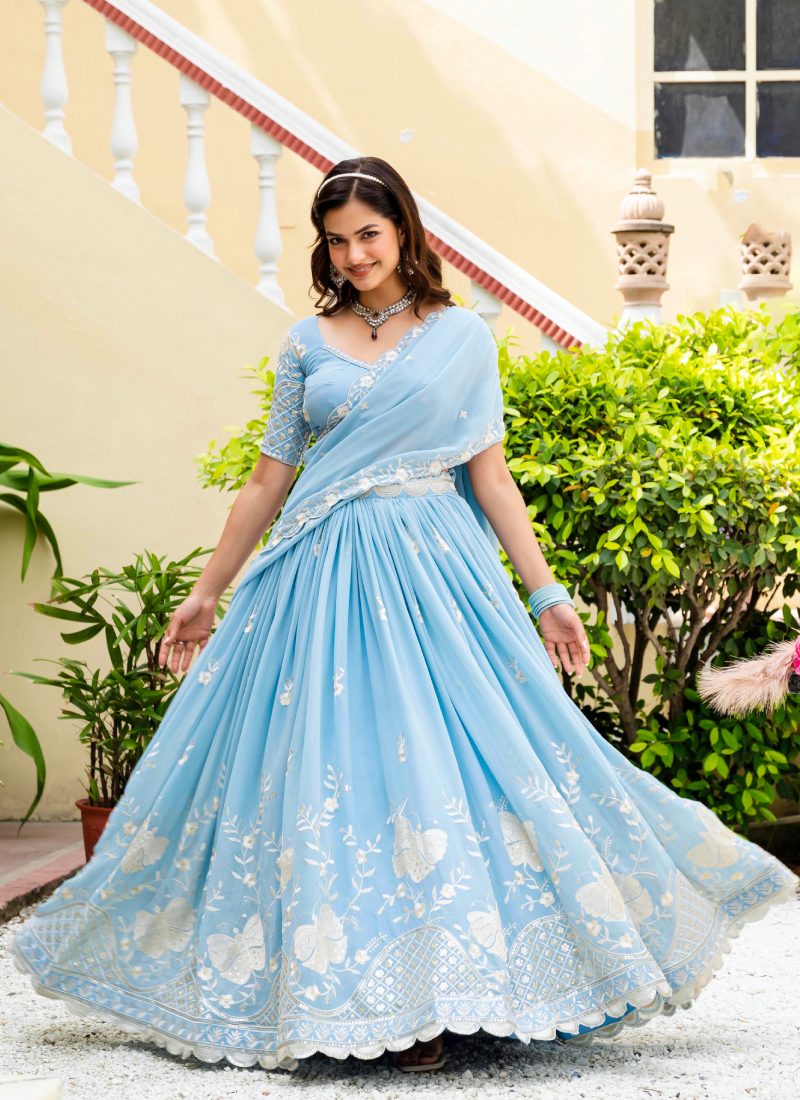 Fascinating Thread Sequence Georgette Sky Blue Lehenga Choli For Party