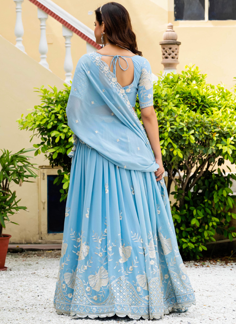 Fascinating Thread Sequence Georgette Sky Blue Lehenga Choli For Party