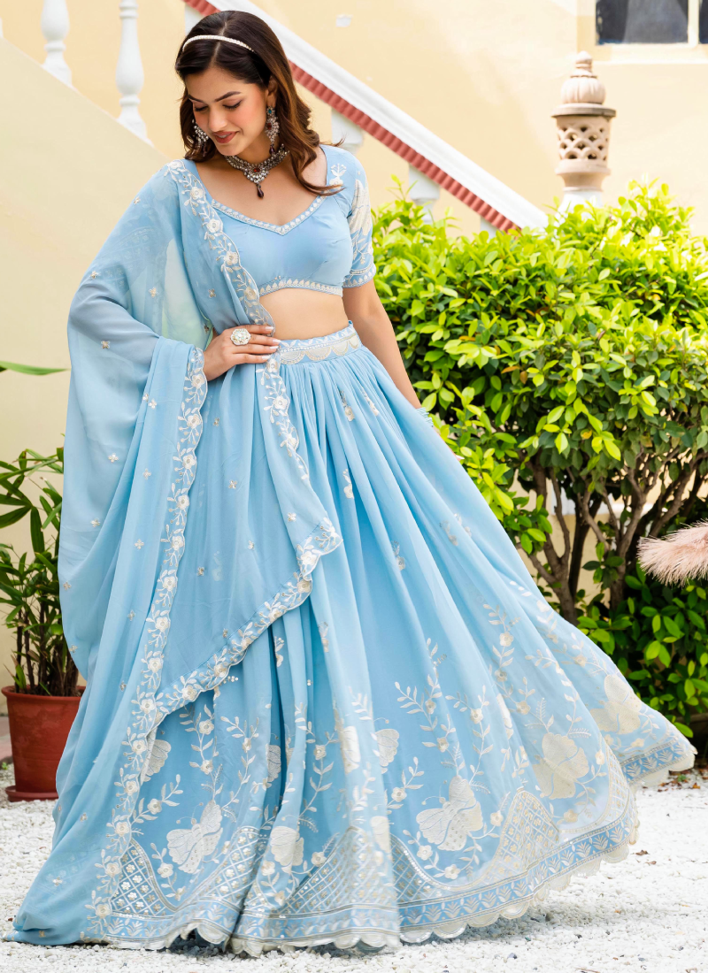 Fascinating Thread Sequence Georgette Sky Blue Lehenga Choli For Party