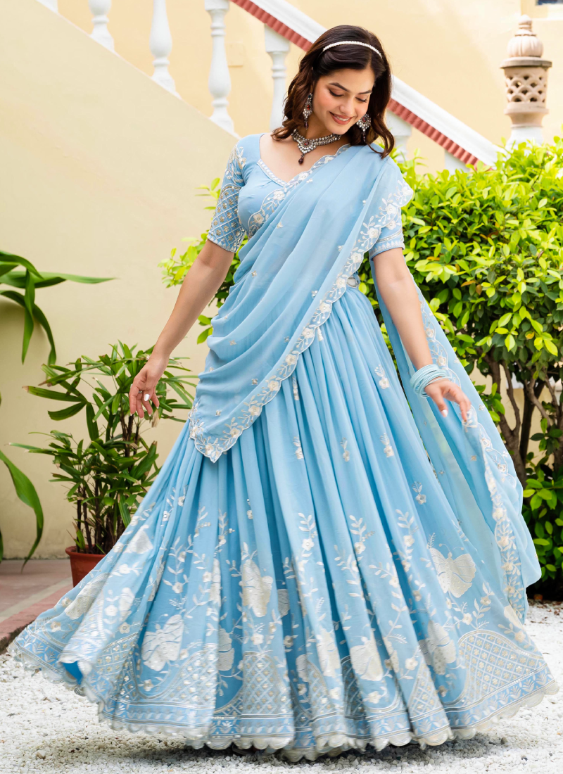 Fascinating Thread Sequence Georgette Sky Blue Lehenga Choli For Party