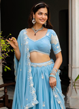 Fascinating Thread Sequence Georgette Sky Blue Lehenga Choli For Party