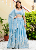 Fascinating Thread Sequence Georgette Sky Blue Lehenga Choli For Party
