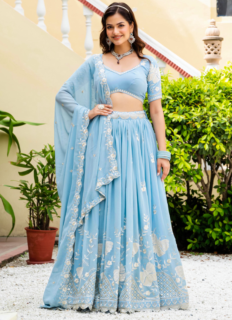Fascinating Thread Sequence Georgette Sky Blue Lehenga Choli For Party
