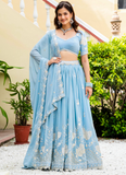 Fascinating Thread Sequence Georgette Sky Blue Lehenga Choli For Party