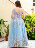 Fascinating Thread Work Sky Blue Reception Wear Net Lehenga Choli
