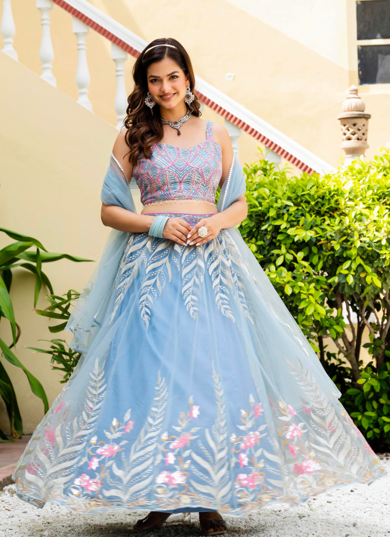 Fascinating Thread Work Sky Blue Reception Wear Net Lehenga Choli