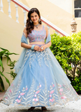 Fascinating Thread Work Sky Blue Reception Wear Net Lehenga Choli