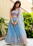 Fascinating Thread Work Sky Blue Reception Wear Net Lehenga Choli