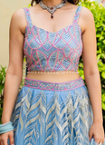 Fascinating Thread Work Sky Blue Reception Wear Net Lehenga Choli