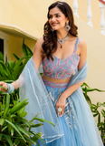 Fascinating Thread Work Sky Blue Reception Wear Net Lehenga Choli