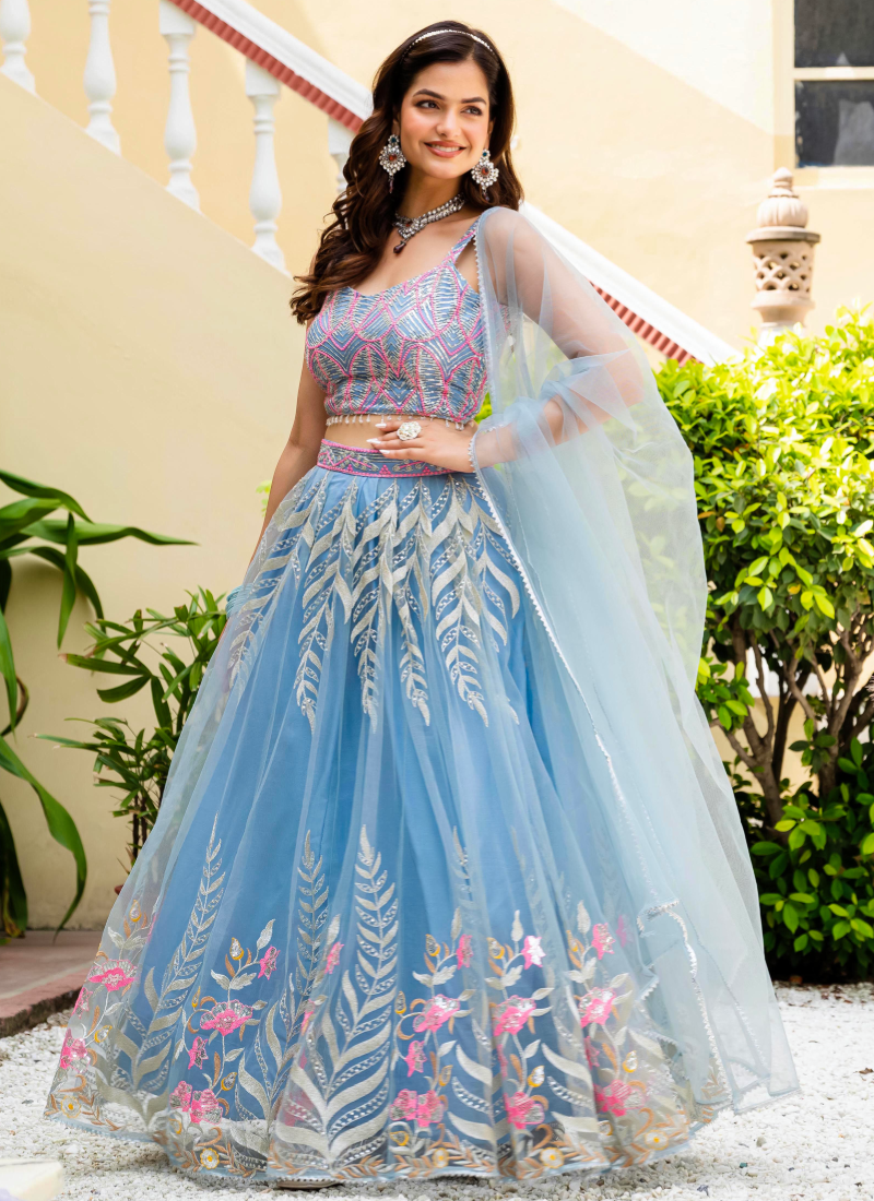 Fascinating Thread Work Sky Blue Reception Wear Net Lehenga Choli