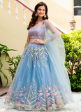 Fascinating Thread Work Sky Blue Reception Wear Net Lehenga Choli