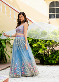 Fascinating Thread Work Sky Blue Reception Wear Net Lehenga Choli