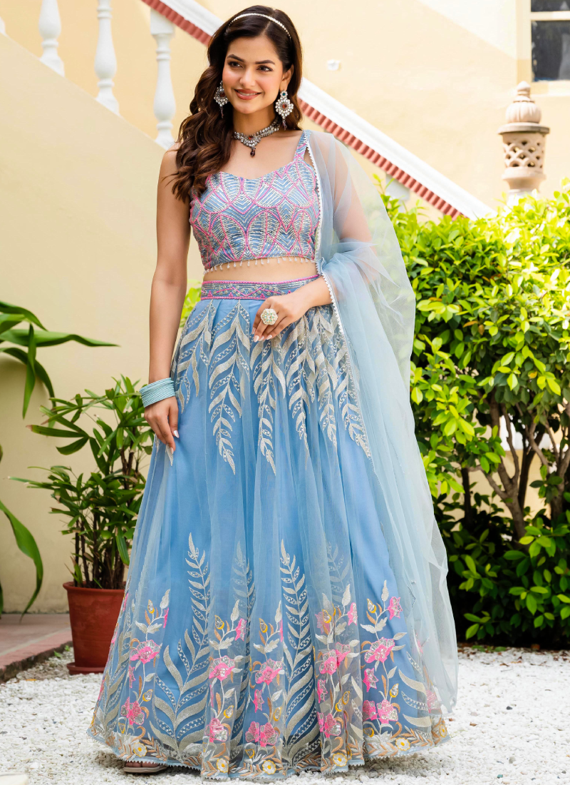 Fascinating Thread Work Sky Blue Reception Wear Net Lehenga Choli