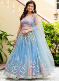 Fascinating Thread Work Sky Blue Reception Wear Net Lehenga Choli