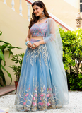 Fascinating Thread Work Sky Blue Reception Wear Net Lehenga Choli