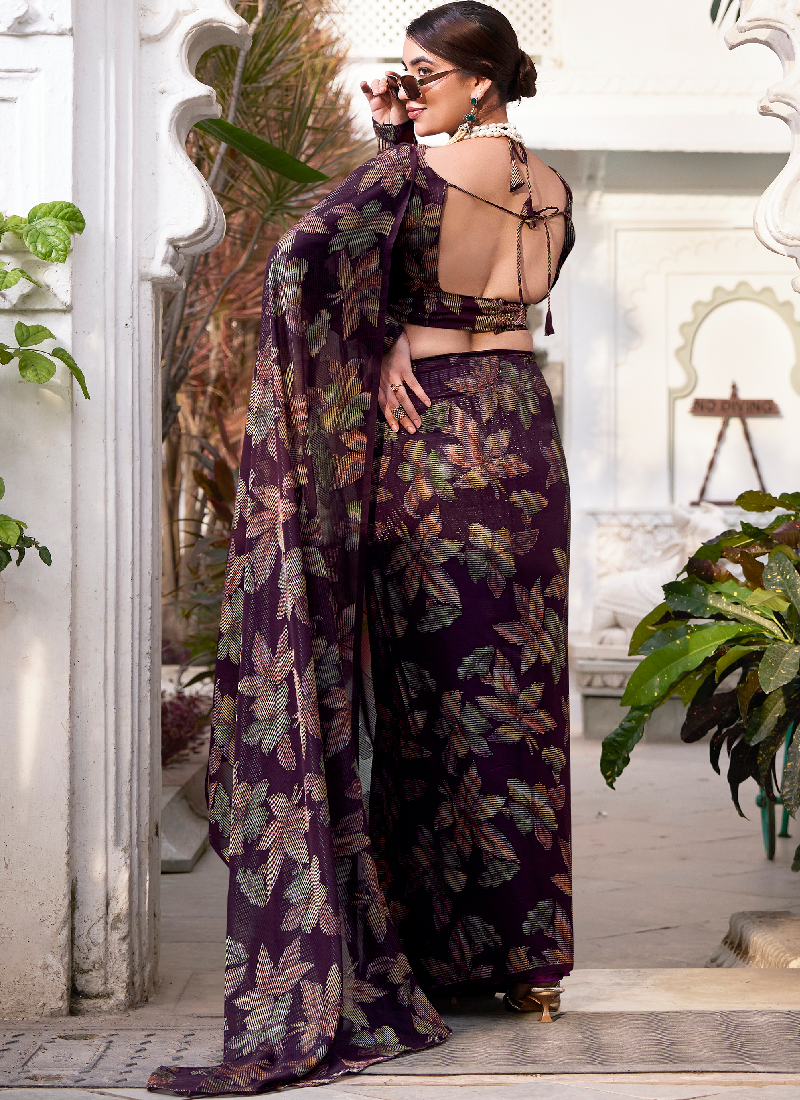 Fascinating Wine Viscose Brasso Floral Printed Saree With Blouse Set