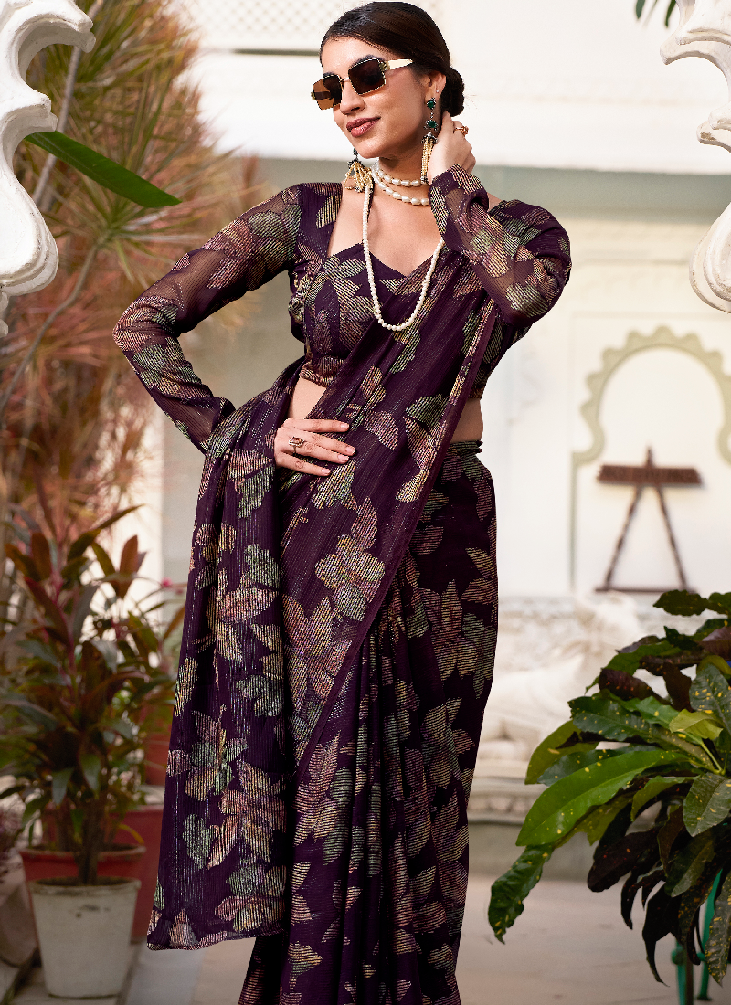 Fascinating Wine Viscose Brasso Floral Printed Saree With Blouse Set
