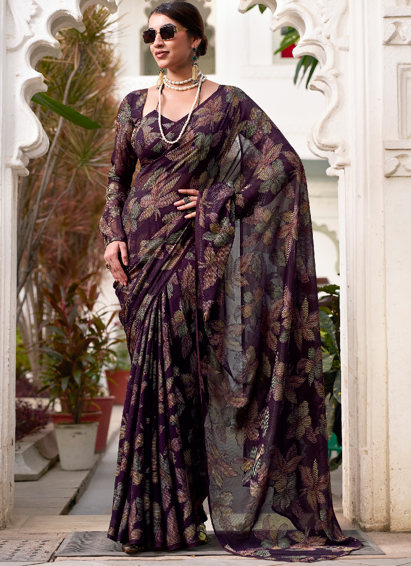 Fascinating Wine Viscose Brasso Floral Printed Saree With Blouse Set