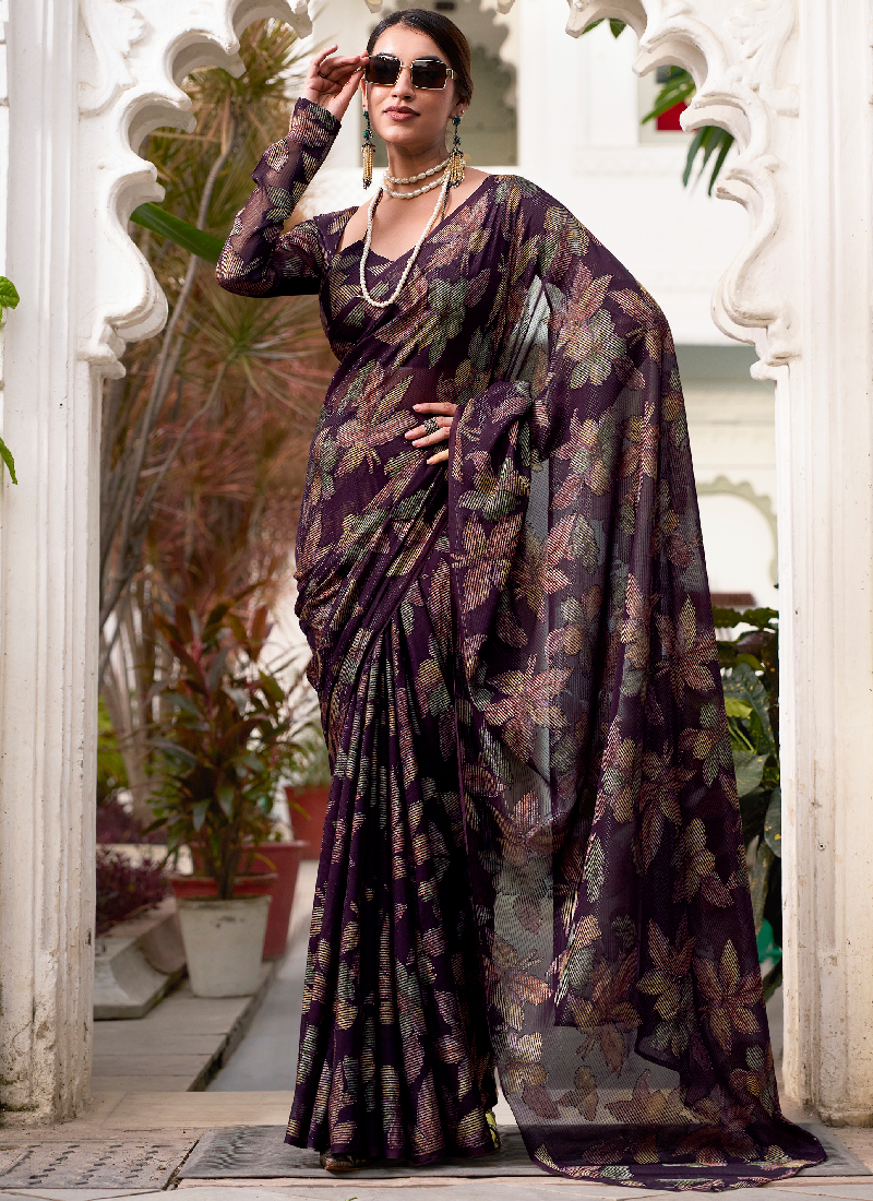 Fascinating Wine Viscose Brasso Floral Printed Saree With Blouse Set