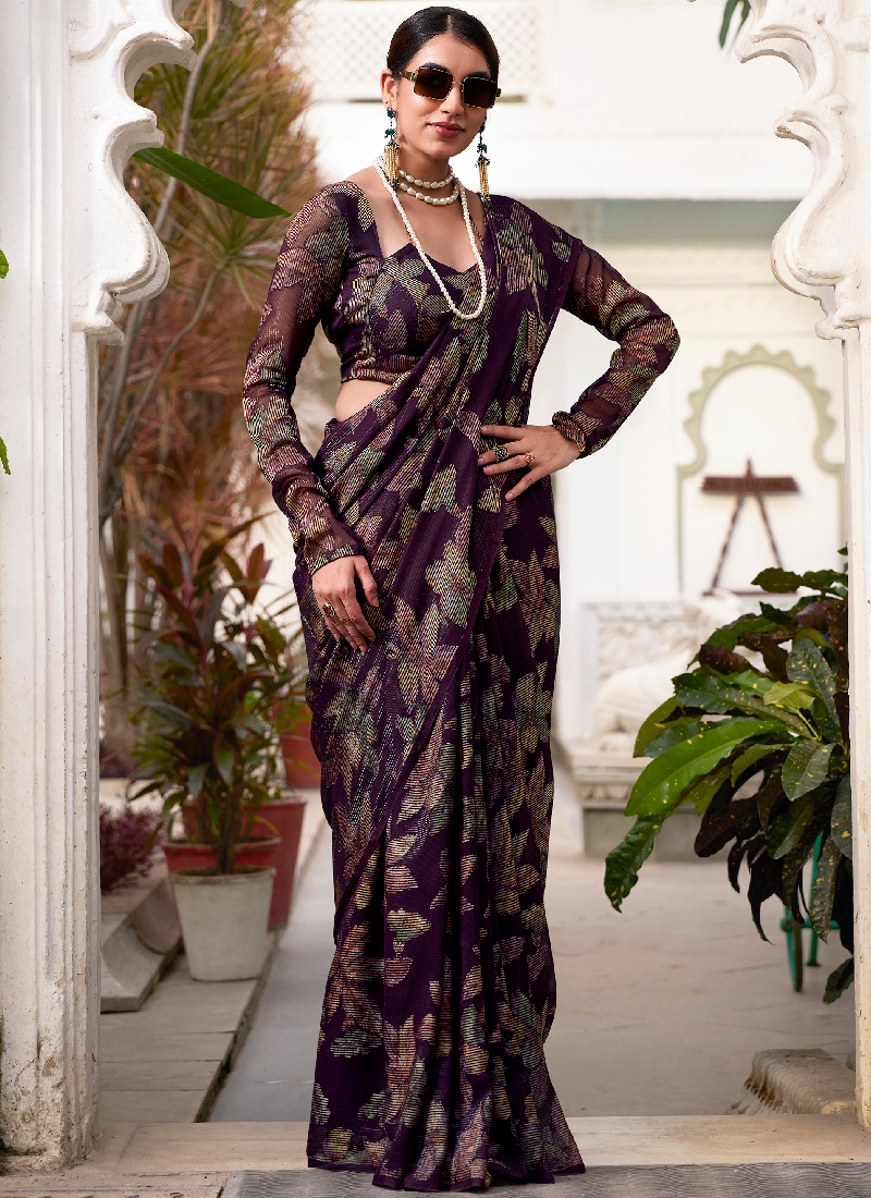 Fascinating Wine Viscose Brasso Floral Printed Saree With Blouse Set