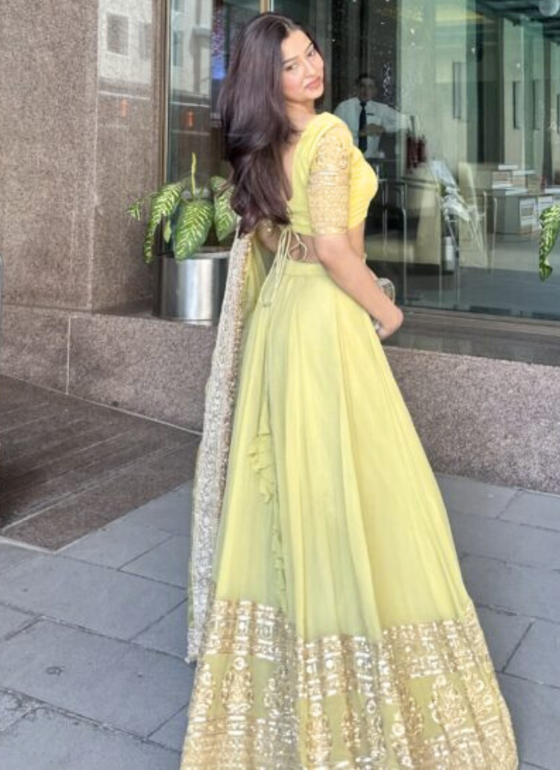 Fascinating Zari Embroidery Georgette Yellow Lehenga Choli For Haldi