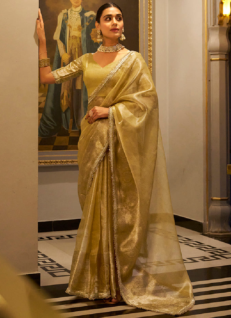 Fascinating Zari Weaving Tissue Silk Golden Casual Saree With Blouse