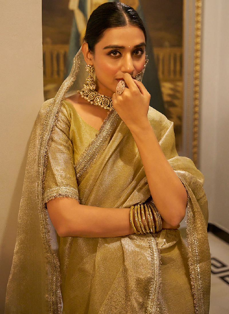 Fascinating Zari Weaving Tissue Silk Golden Casual Saree With Blouse