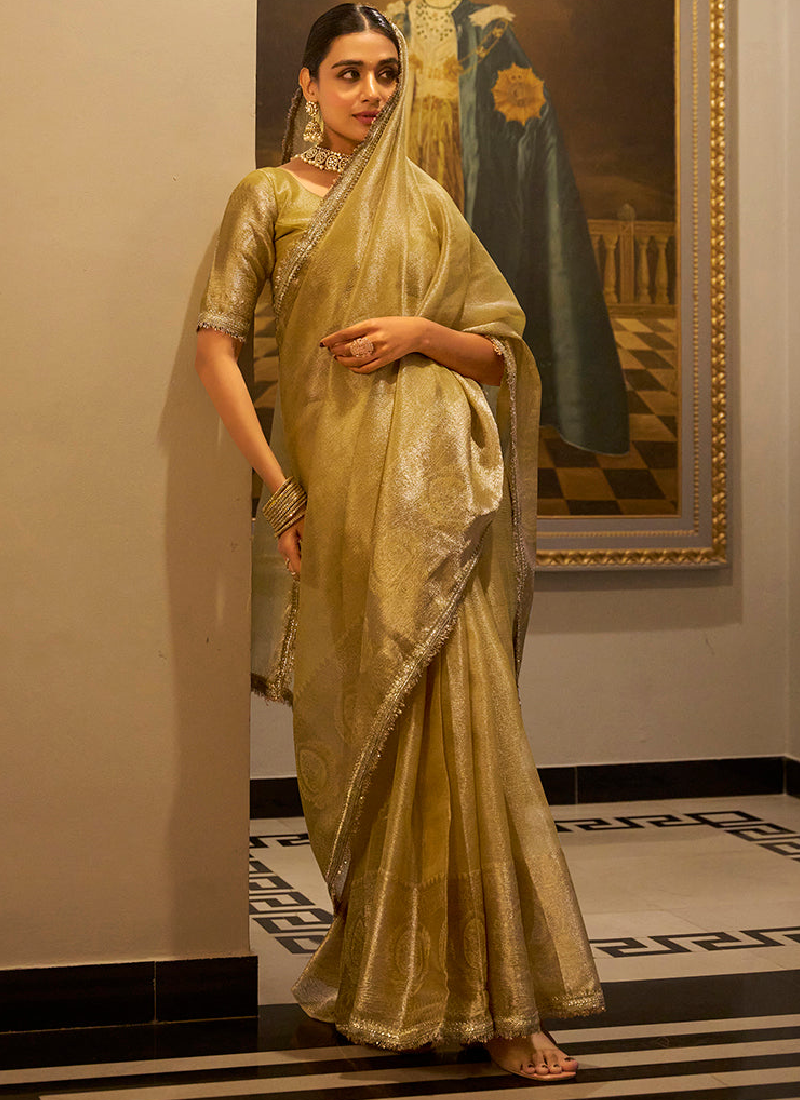 Fascinating Zari Weaving Tissue Silk Golden Casual Saree With Blouse